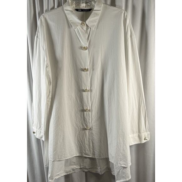 Zara Oversized w/ pearl/gold buttons Shirt White M light academia 73-48 - Picture 12 of 16